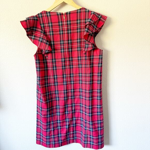 DRAPER JAMES | Red Plaid Navy White Black Flutter Sleeve Ruffle Shift Dress | 14 - Picture 6 of 9